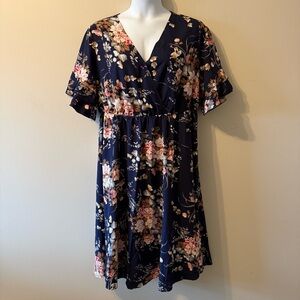 BloomChic Navy Blue Floral V-neck Modest Midi Plus Size Dress-Size 18-20